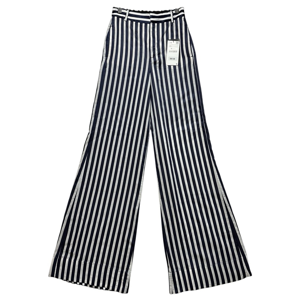 Zara Women's Navy White Stripes Palazzo Trousers Wide Leg Pants Size XS NWT